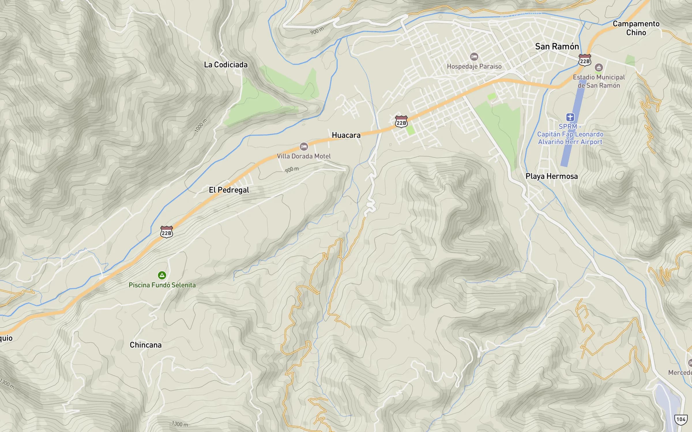 Mapa con relieve del recorrido desde San Ramón hasta Zagari Resort Club por la Carretera Central