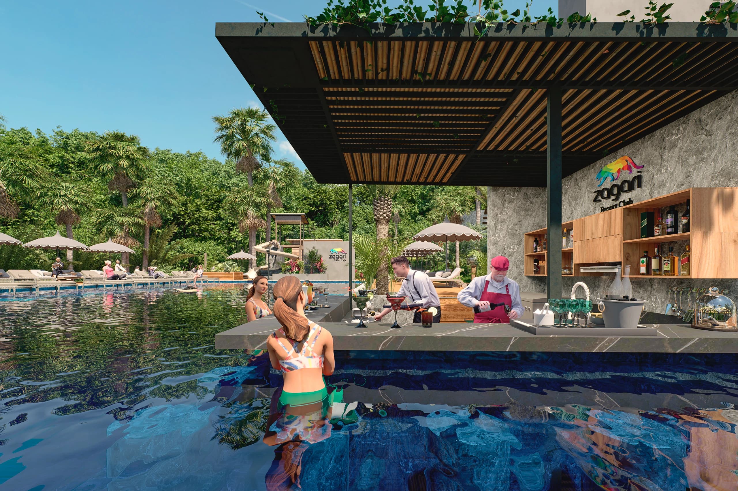Bar dentro de la piscina bajo una pérgola