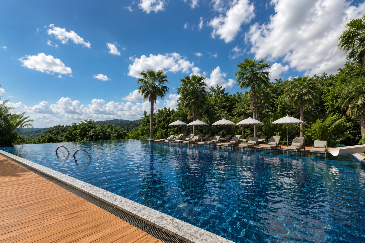 Piscina de borde infinito con palmeras