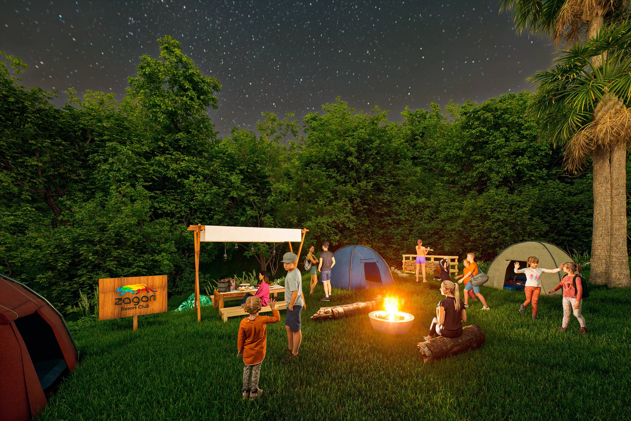 Zona de camping de noche con fogata