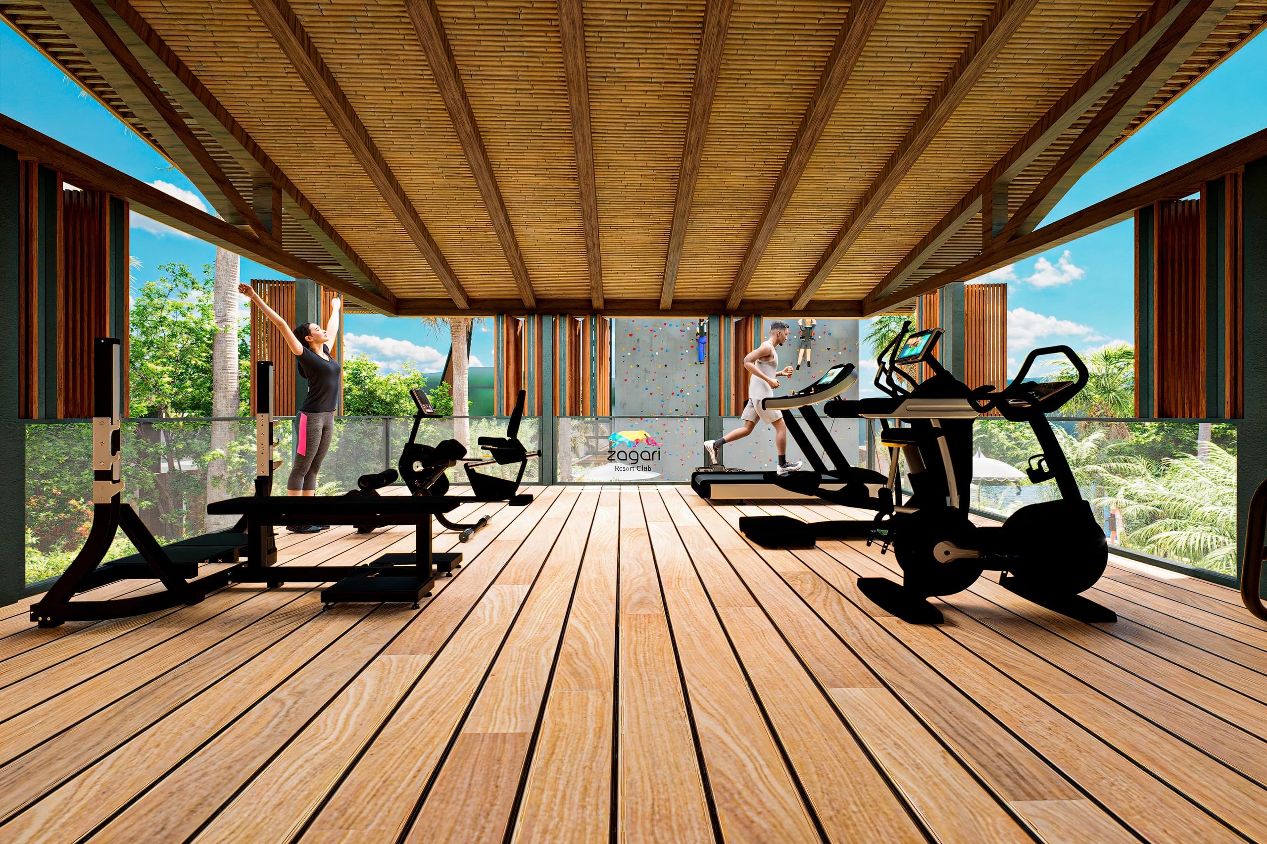 Gimnasio con piso de madera y vista al exterior