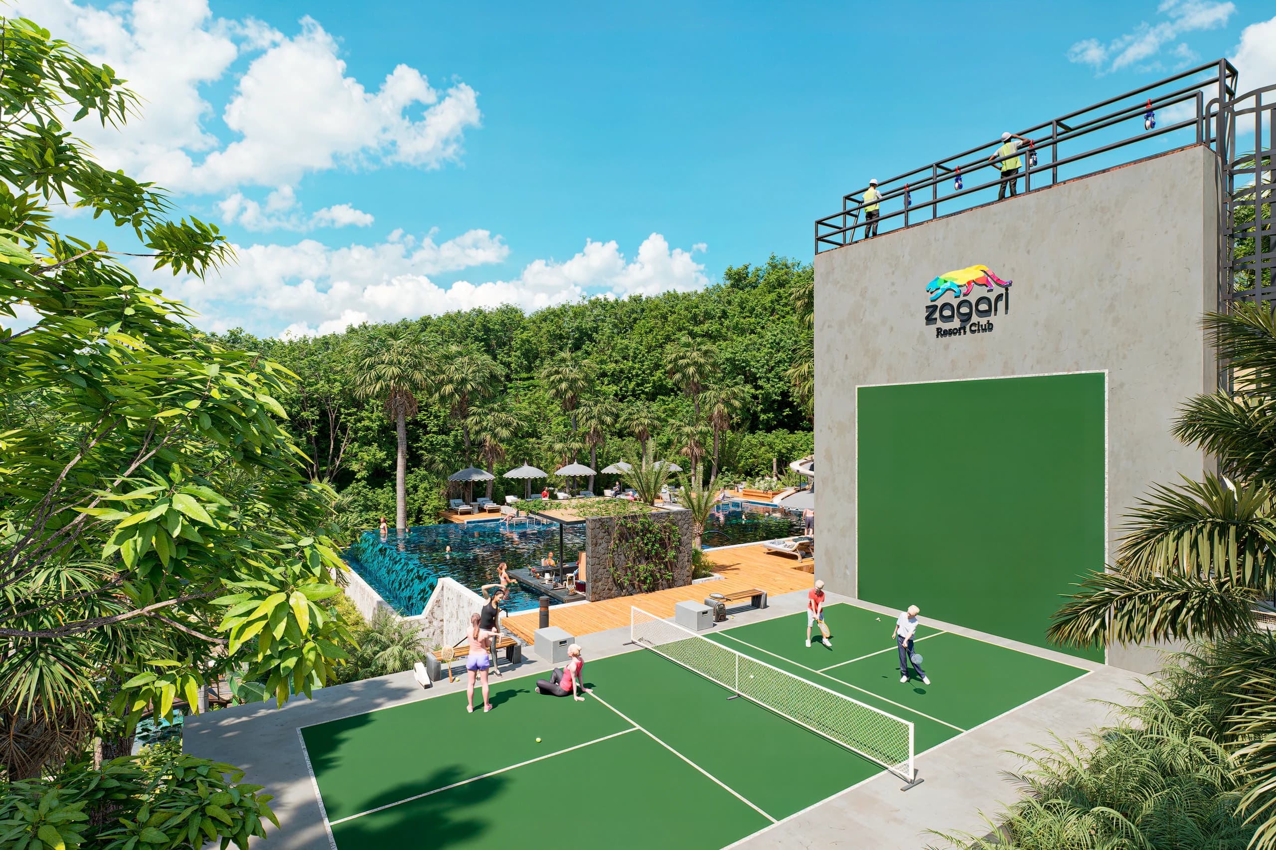 Cancha de mini tenis junto al muro escalable