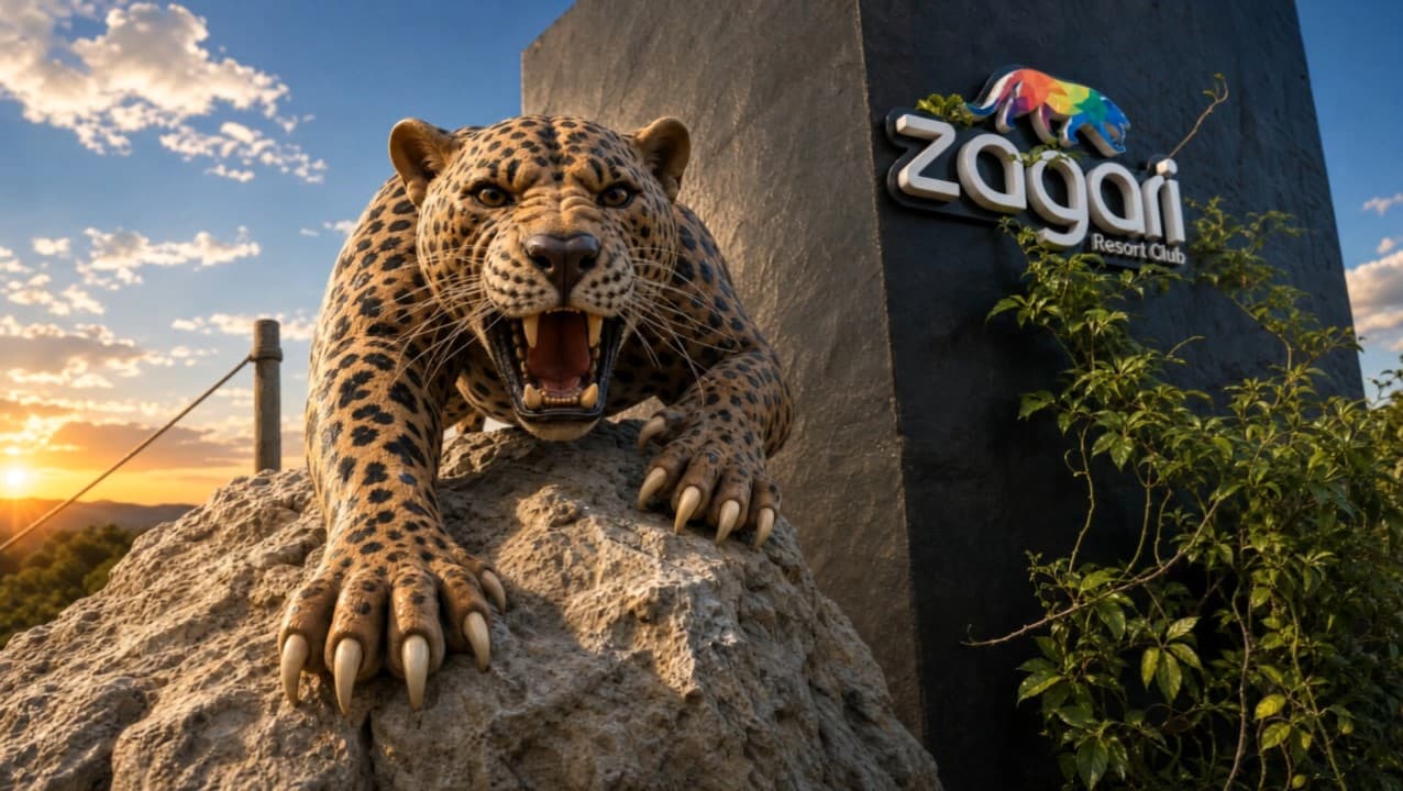 Escultura del jaguar sobre la roca junto al monolito de Zagari Resort Club, al atardecer