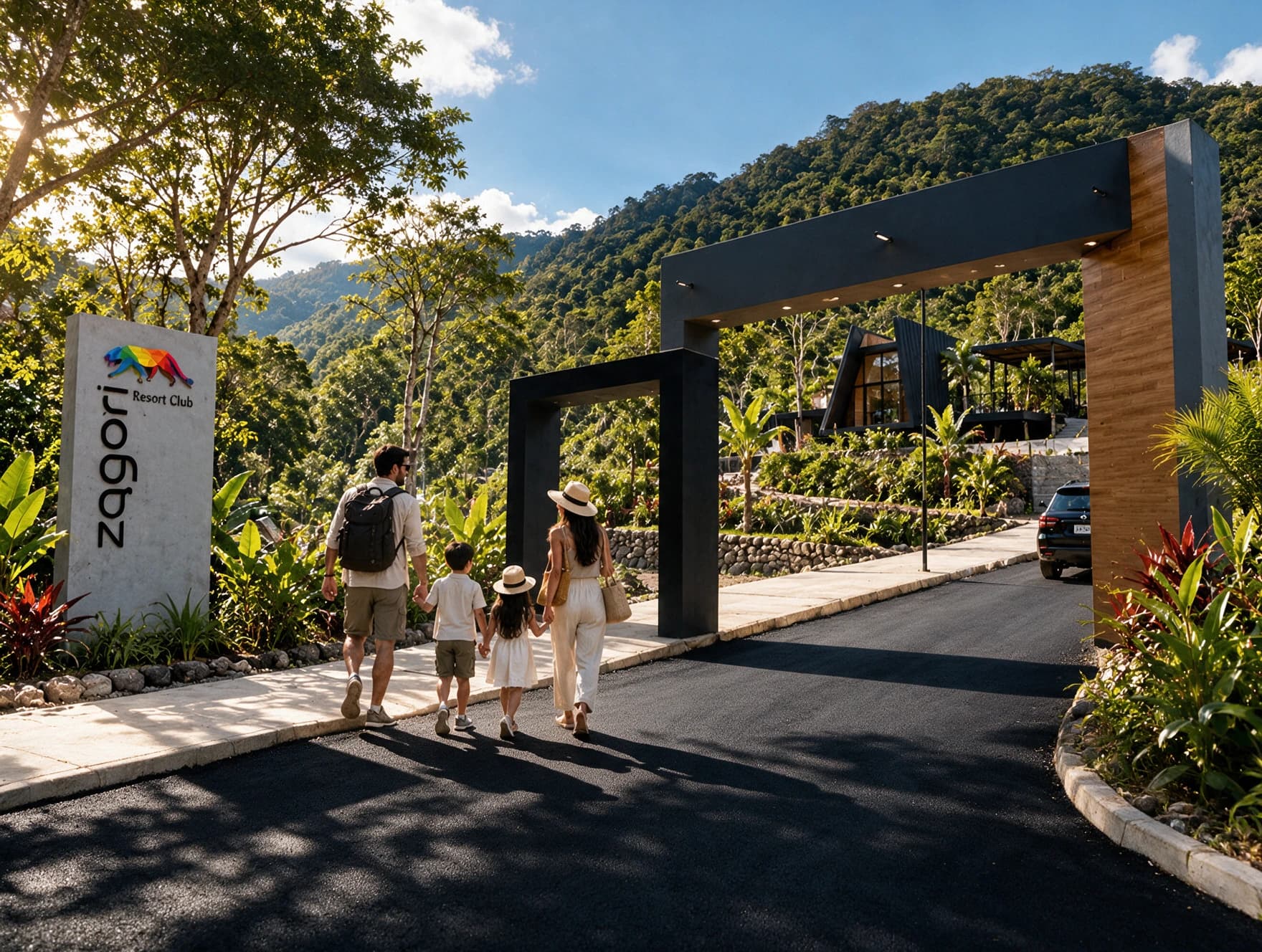 Familia llegando al pórtico de Zagari Resort Club