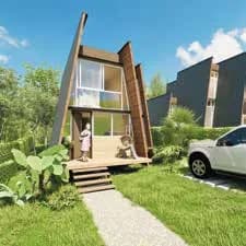 Cabaña de tres habitaciones con fachada de madera